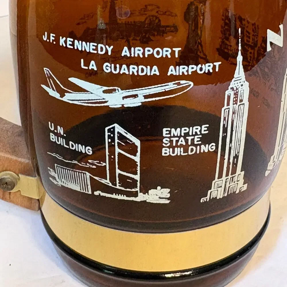 Vintage New York City NYC Souvenir Brown Glass Barrel Mug Wood Handle